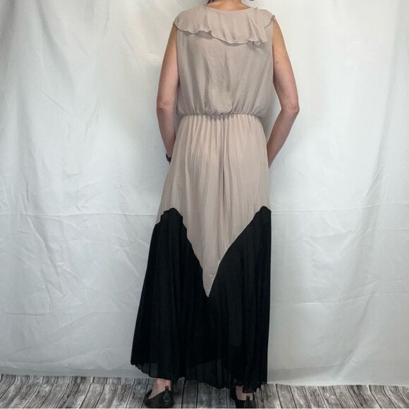 Vivayou Women's Maxi Dress Tan Beige Black Accordion Pleat L LG Large Ruffle - Picture 2 of 15